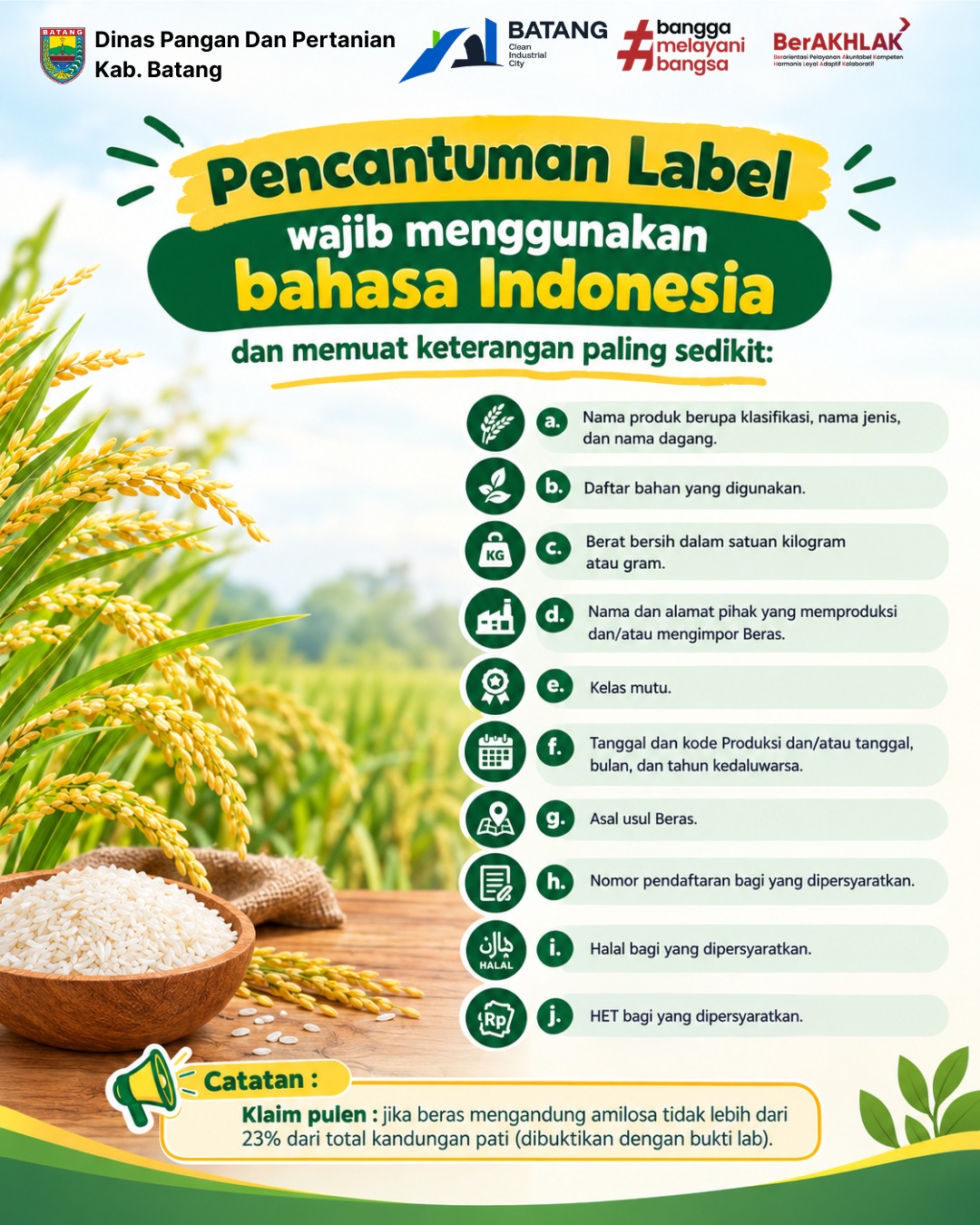 standar mutu dan label beras yang harus dipatuhi pelaku usaha